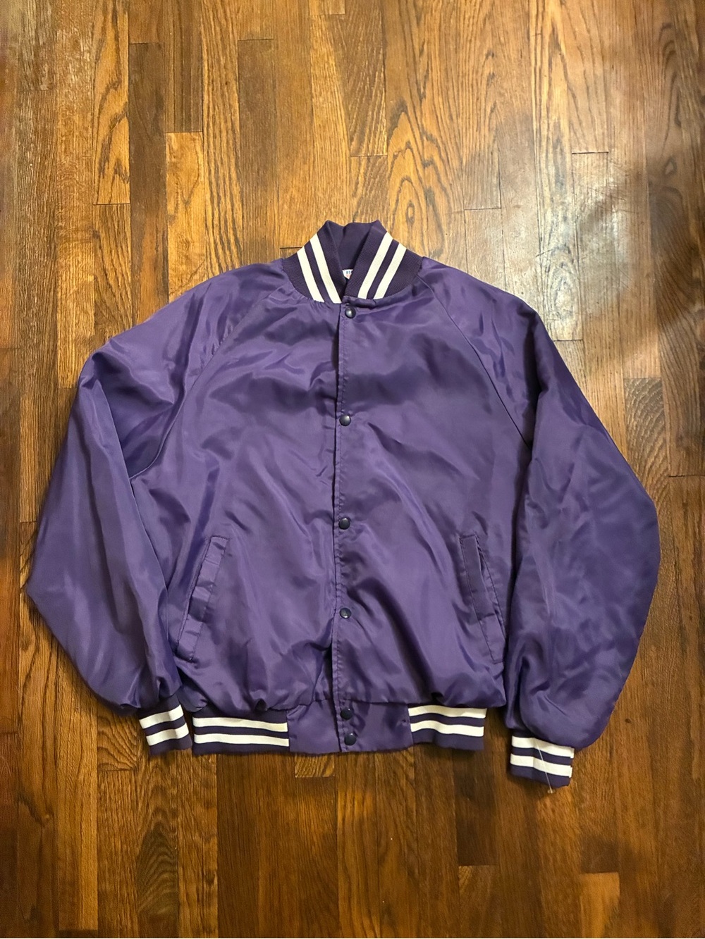 Purple Satin Varsity Bomber Jacket with Striped Trim